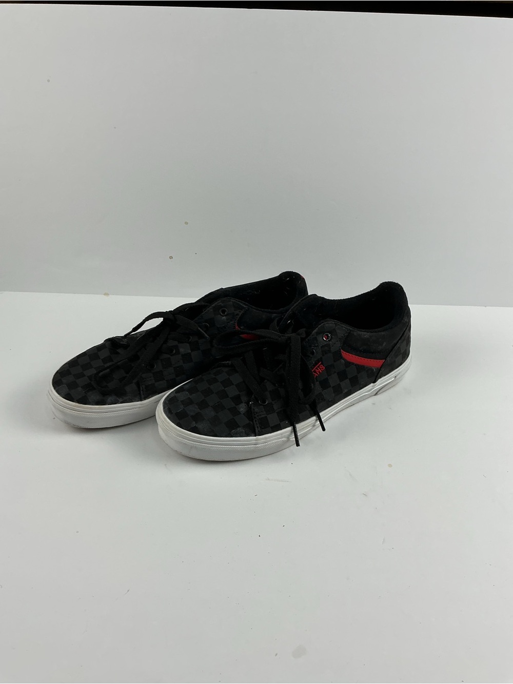 Vans Black Checkerboard Low Top Sneakers with Red Stripe
